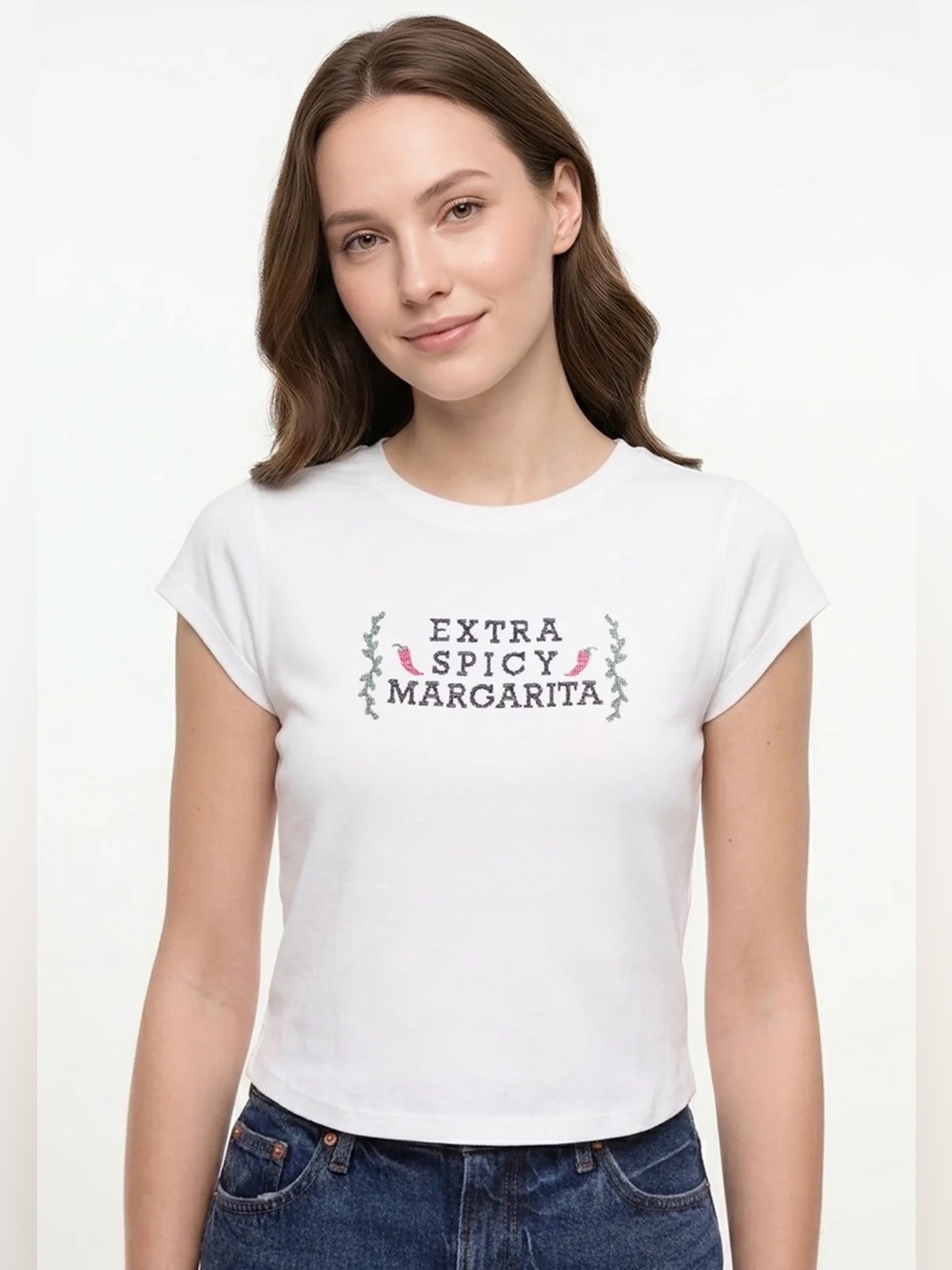 Wildfox White 'Extra Spicy Margarita' Embroidered Crop Tee